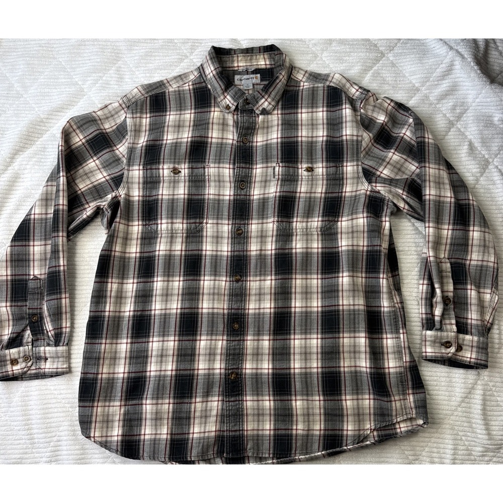 Carhartt Men's Relaxed Fit Plaid Flannel Button-Up Shirt XL Black Red White